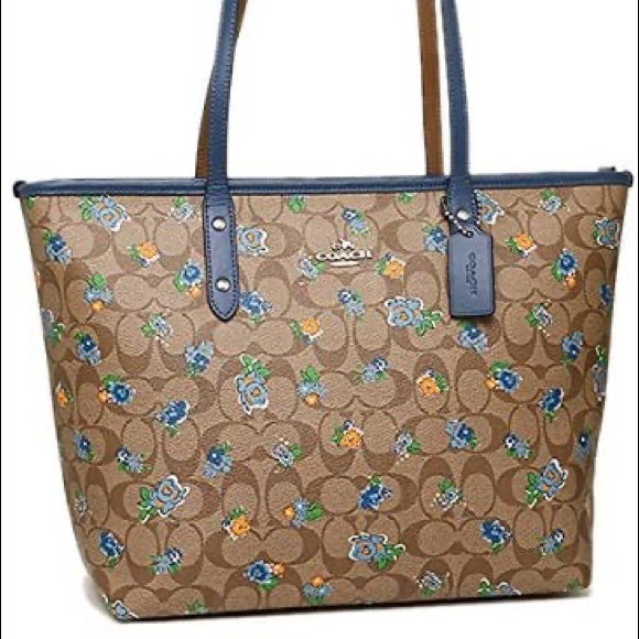 Coach Handbags - Coach Signature Printed Floral Logo City Zip Tote Bag in Blue Multi